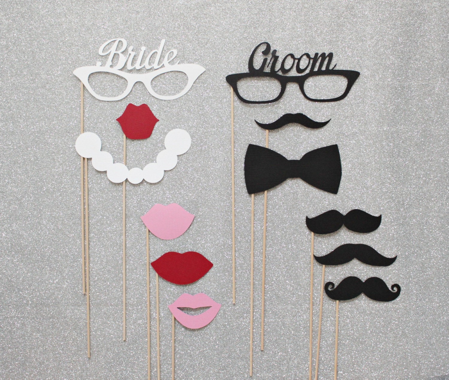 Groom and Bride Glasses.  Wedding Photo Booth Prop Set. Photo Booth Props. Little Retreats Mustaches and Lips. Set of 12.