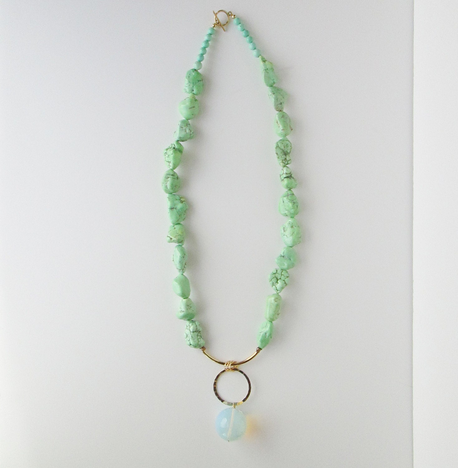 Mint Green Howlite Nugget Statement Necklace. Brass Ring. Opalite Focal.