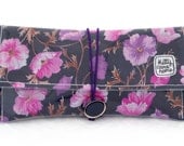 Button Clutch - Navy blue pink and purple floral vintage fabric