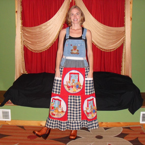 Beary Cute Denim Dress,Recycled Jean Bib Overalls with Tiered Cotton Skirt and Teddy Bear Print, Womens Dress Size Medium