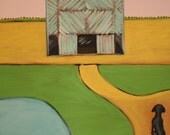 Contemporary Original Acrylic Painting Aqua Blue Barn with Dog 18" x 24" "Come Home"