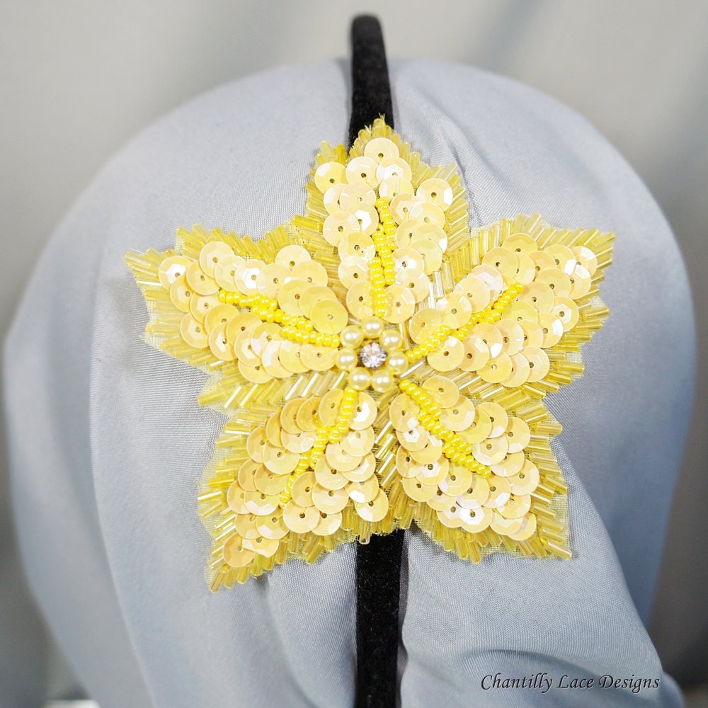 Yellow Sequins Beaded Flower Headband