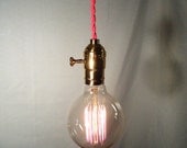 Hanging Lamp - Twisted Pink Cord - Exposed Edison Bulb