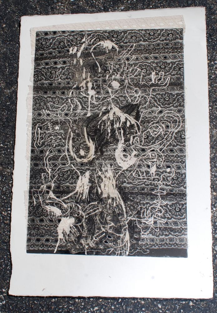 Unraveled Into The Woven World I Stand Undressed  Mixed Media lace collage linoleum black print ooak