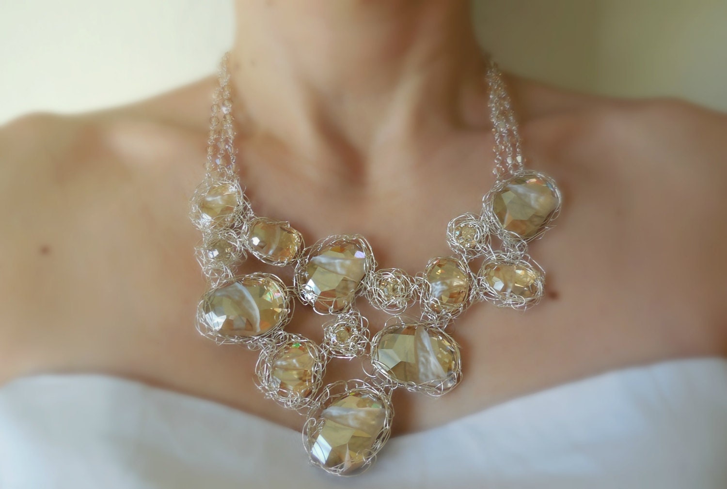 Golden Divine Rock Bib Necklace in Sterling Silver - Bridal Necklace, Wedding Necklace