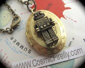 Brass Robot Locket Vintage Locket Necklace Small Brass Oval Locket Rolo Chain Steampunk Robot Steampunk Locket Tiny Size