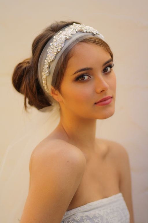 Tulle Veil Head Wrap with Detachable Crystal Headband - Seen Here in Clear and Ivory Crystal with Pearl Accents
