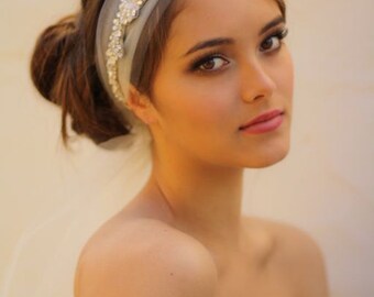 Tulle Veil Head Wrap with Detachable Crystal Headband - Seen Here in Clear and Ivory Crystal with Pearl Accents