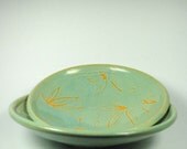 Wheel thrown Serving Bowl - Natural sandy brown and agua blue Flora vine