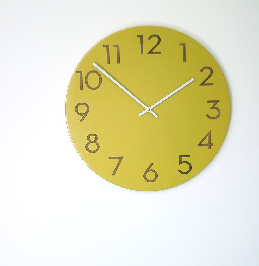 large modern wood wall clock chartreuse, white or wood finish