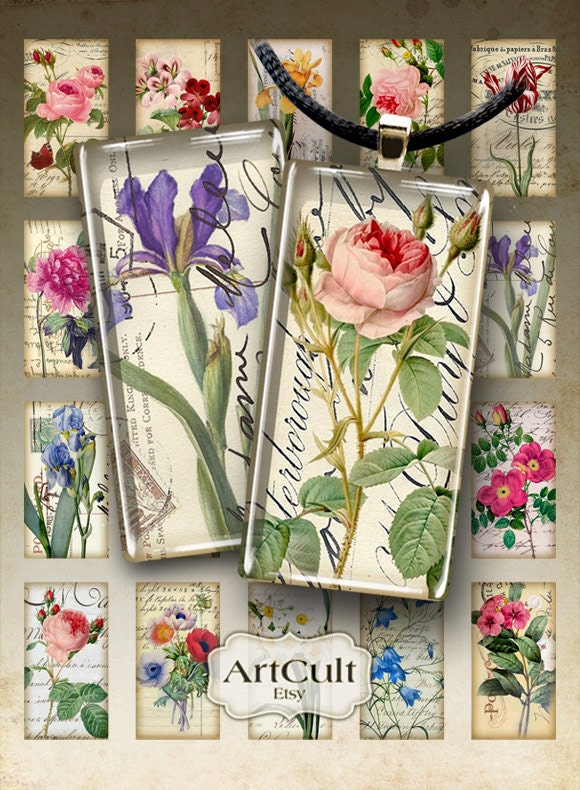 BOTANICAL DOMINOES - 1x2 inch Images Digital Collage Sheet for glass and resin pendants, magnets, scrapbooking, paper craft