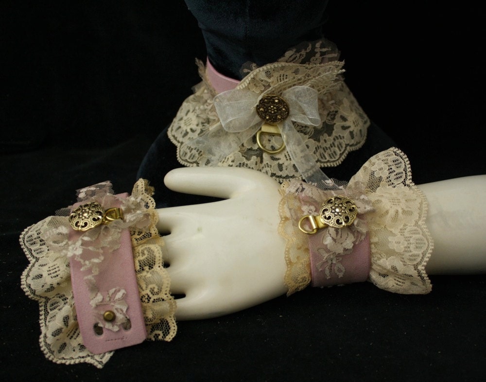 Sexy Romantic Steampunk Cuffs & Collar, Rose Pink Leather,  tea dyed lace - light  discrete Bondage -from my Bawdy Boudoir line