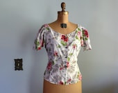 vintage 1950s Blouse  // Cotton Floral Puff Sleeve