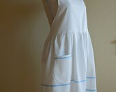White Linen Apron with Light Blue Stripes and Pockets