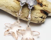 Handmade Jewelry Earrings Beaded Starfish Seashell Sea Star Beach Sand Silk Silver Crystal Post Dangle...Sea Sparkle