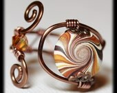 Handmade Jewelry Ring Beaded Wirework Wire Wrapped Black Antique Copper Polymer Clay Swirl Spiral Freeform Adjustable Size 7-8-9...Ember