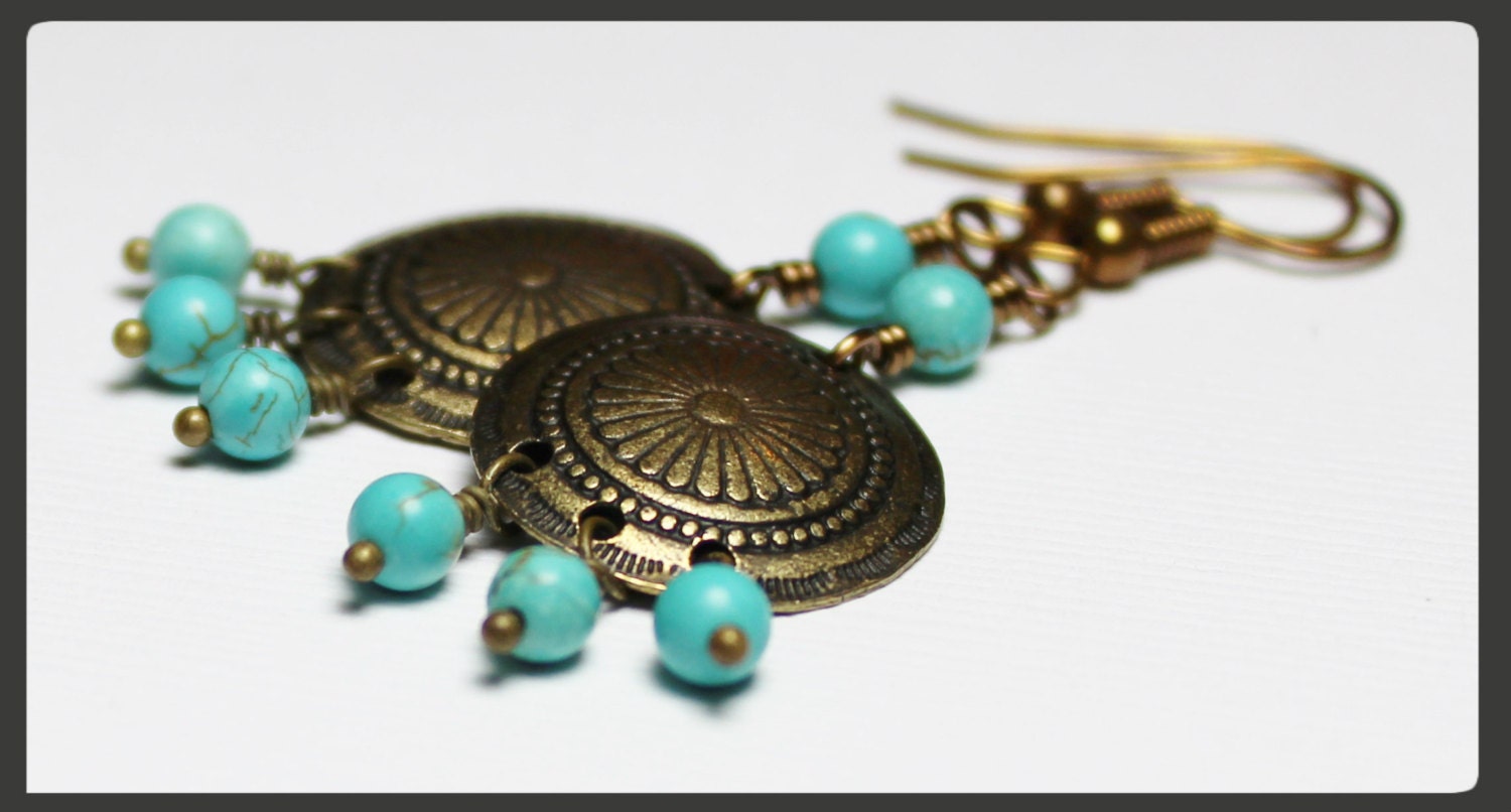 Handmade Beaded Jewelry Earrings Aqua Turquoise Gemstone Charm Antique Brass Lightweight Conchos Dangle Southwest...Midnight Cowboy