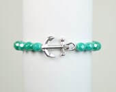 Anchor Bracelet -  Blue Green Bead Stretchy Bracelet