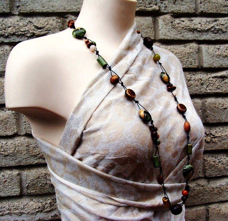 Woodland Princess. Long and Chunky Green and Brown Lampwork and Wood Necklace