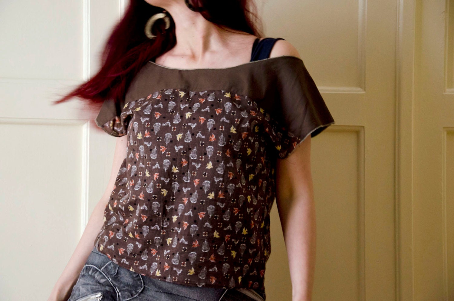Dropped Shoulder Brown Top, Oversized Cotton Blouse, Bird and Cages Print