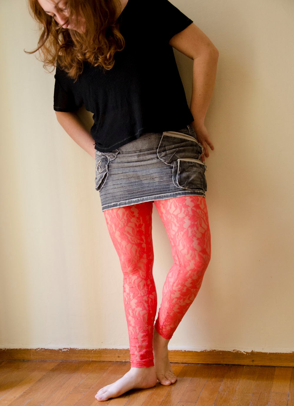 Coral Pink Lace Leggings, Handmade Spring Tights, Also available in Mint and Raspberry