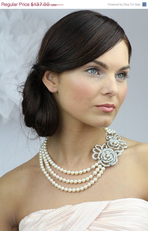 SALE Bridal Necklace, Statement Necklace, Pearl Necklace, Vintage Wedding Jewelry, Ivory White Pearl Necklace, Rose Necklace - Style 715