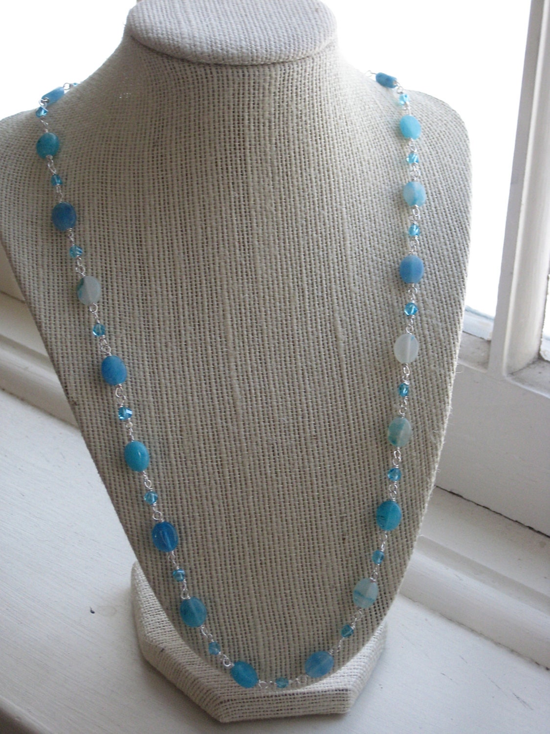 Oval Hemimorphite and Step-Cut Blue Glass Wire-Wrapped Necklace on Sterling Silver