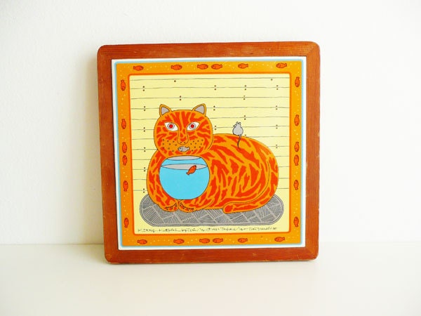 Vintage Taylor and Ng Trivet, Kitty Katfish, Ceramic Tile, Wall Art, Orange, Blue, Cat, Fish, Fish Bowl, 1980s, Colorful Kitchen Decor