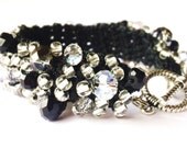 Black, White, and Gray Crocheted Beaded Statement Cuff Bracelet with Black Cord - 7-1/4"