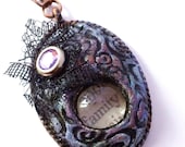 Inspirational Word Oval Clay Copper Pendant Necklace FAMILY with Purple Crystal and Black Lace - Blue - 20"