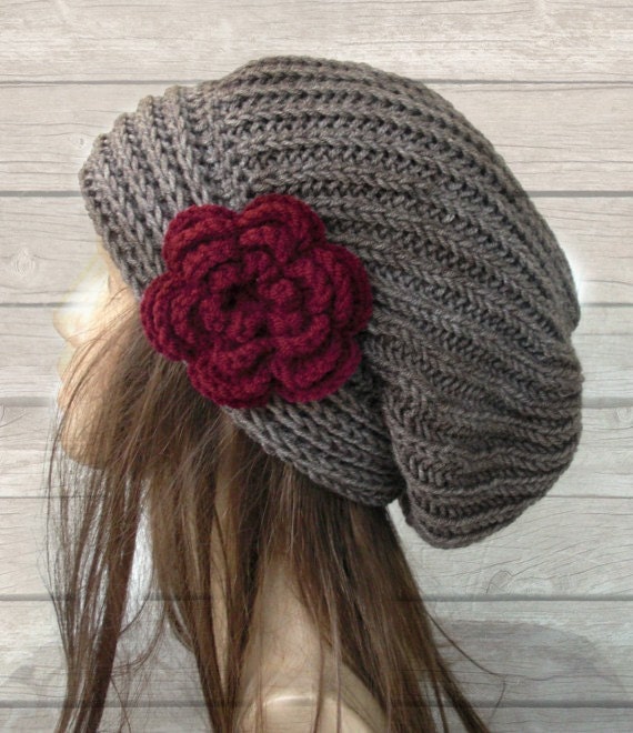 Hand Knit Hat- Womens hat - chunky knit Slouchy Beanie  Slouch  Hat Flower  Fall Winter Accessories  beret taupe Autumn Fashion