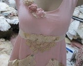 Vintage Kitty.. beautiful grungy hand dyed muslin tunic.. dusky rose pink.. doilies, lace, roses.. MOTHER OF PEARL buttons.. Med/xl
