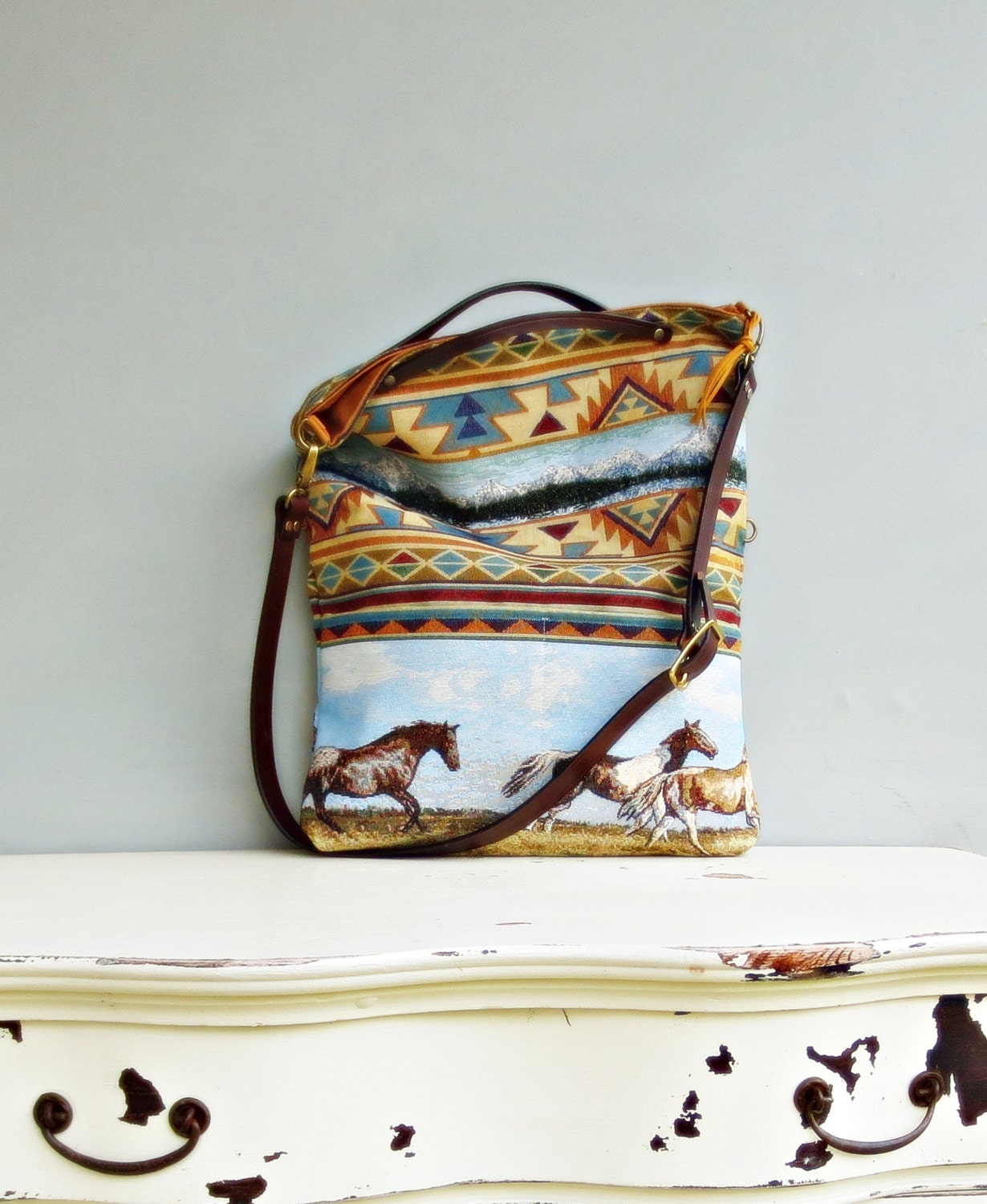 Wild Horses Tote Bag - Southwest Horse Cross Body Purse - Southwestern Aztec Messenger Bag - Custom Length Leather Strap  . (no1)