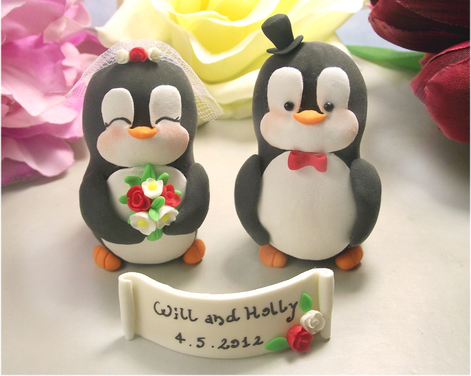 Unique wedding cake toppers penguin - elegant cute love birds with personalized banner
