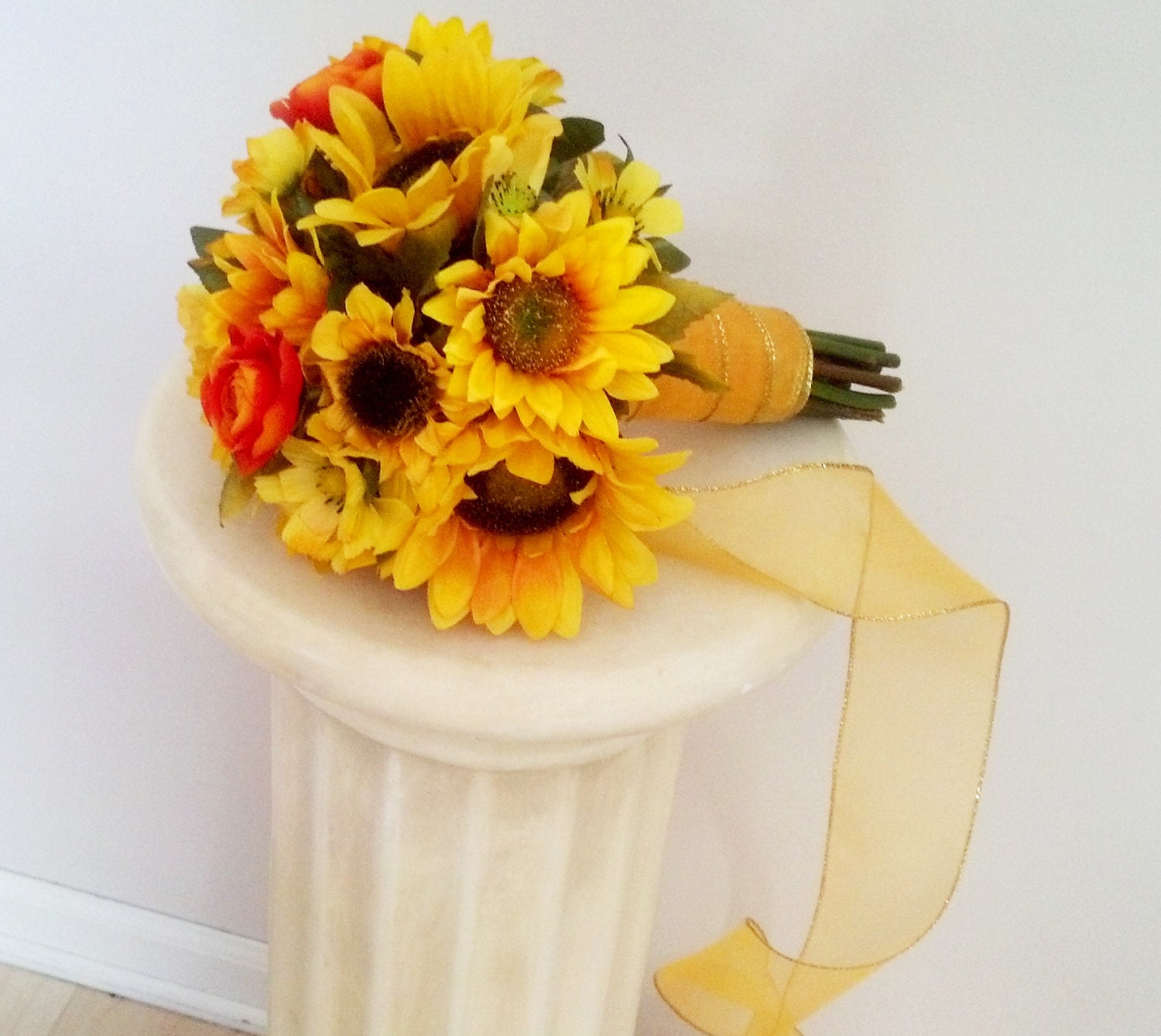 Sunflower Wedding Flowers artificial Bridal Bouquet set bridal party accessories, summer fall orange accent boutonniere, grooms flower