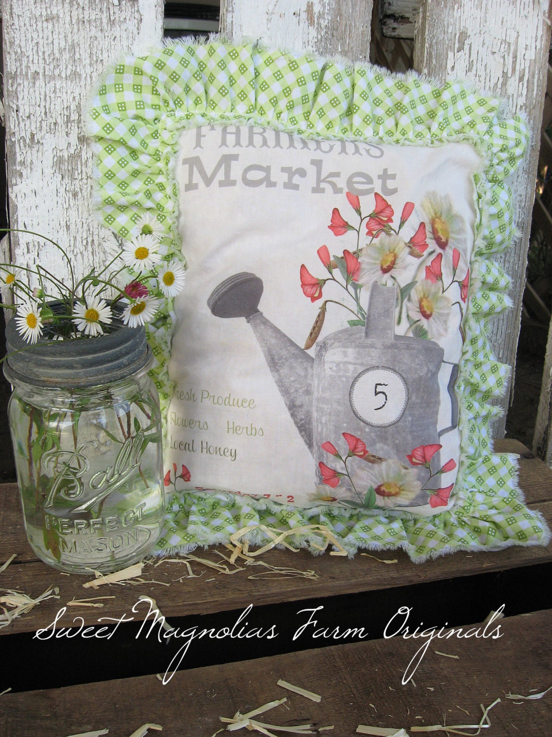 Farmhouse Sawdust Pillow - Garden "Farmers Market" Watering Can - Sweet Peas - Floral Daisies - Farmhouse Cottage Chic