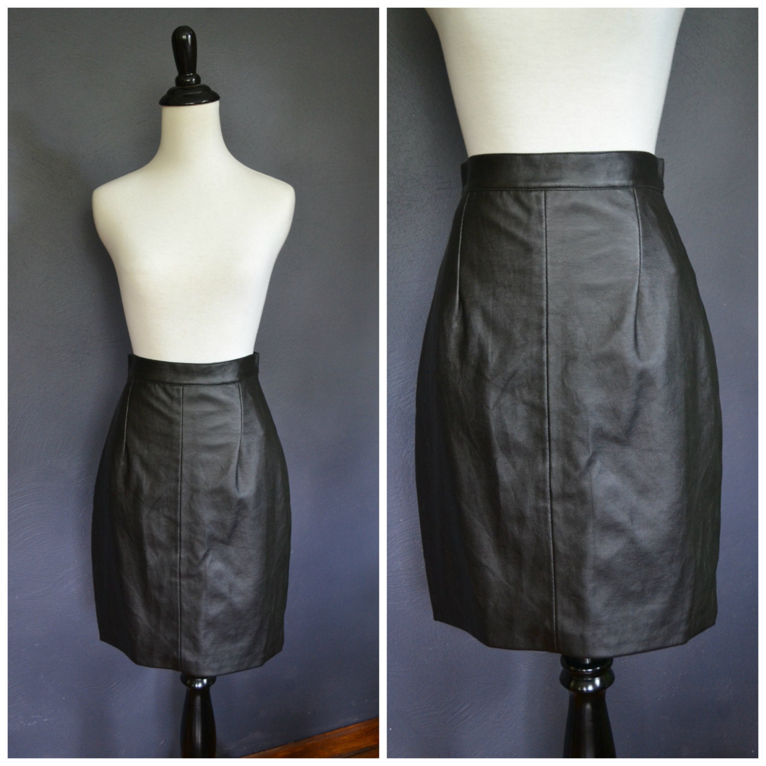 Vintage Faux Leather Pencil Skirt / Black Vegan Leather Look/ size small to medium