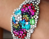 One of a Kind, Colorful Vintage Swarovski Crystal and Antique Silver Cuff Bracelet