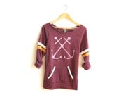 Crossed Anchors - Hand STENCILED Deep Scoop Neck Heather Artist Series Sporty Stripe Sweatshirt in Cream Maroon and Gold - S M L XL