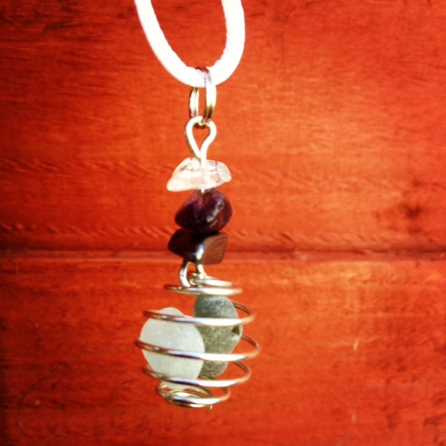 Irish Sea Glass Caged Pendant w/ Hematite, Amethyst & Quartz Beads