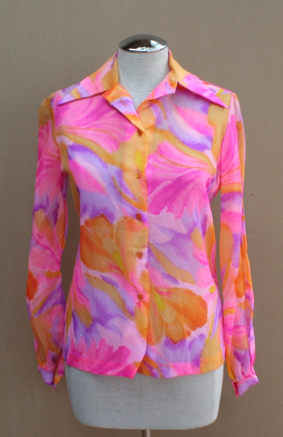 User Friendly -  Bold, Bright and Colorful Floral Print - Semi Sheer Top - 1970's Vintage Blouse
