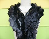Long black gray cashmere SCARF/ SHAWL/Wrap with peace sign and chain closure and shaggy wrist warmers