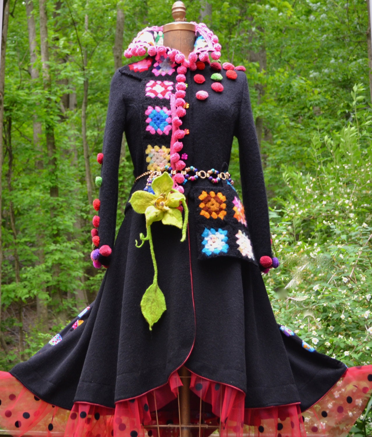 Sweater Coat with pom poms, crochet squares and felted flower. Size Small. Ready to ship