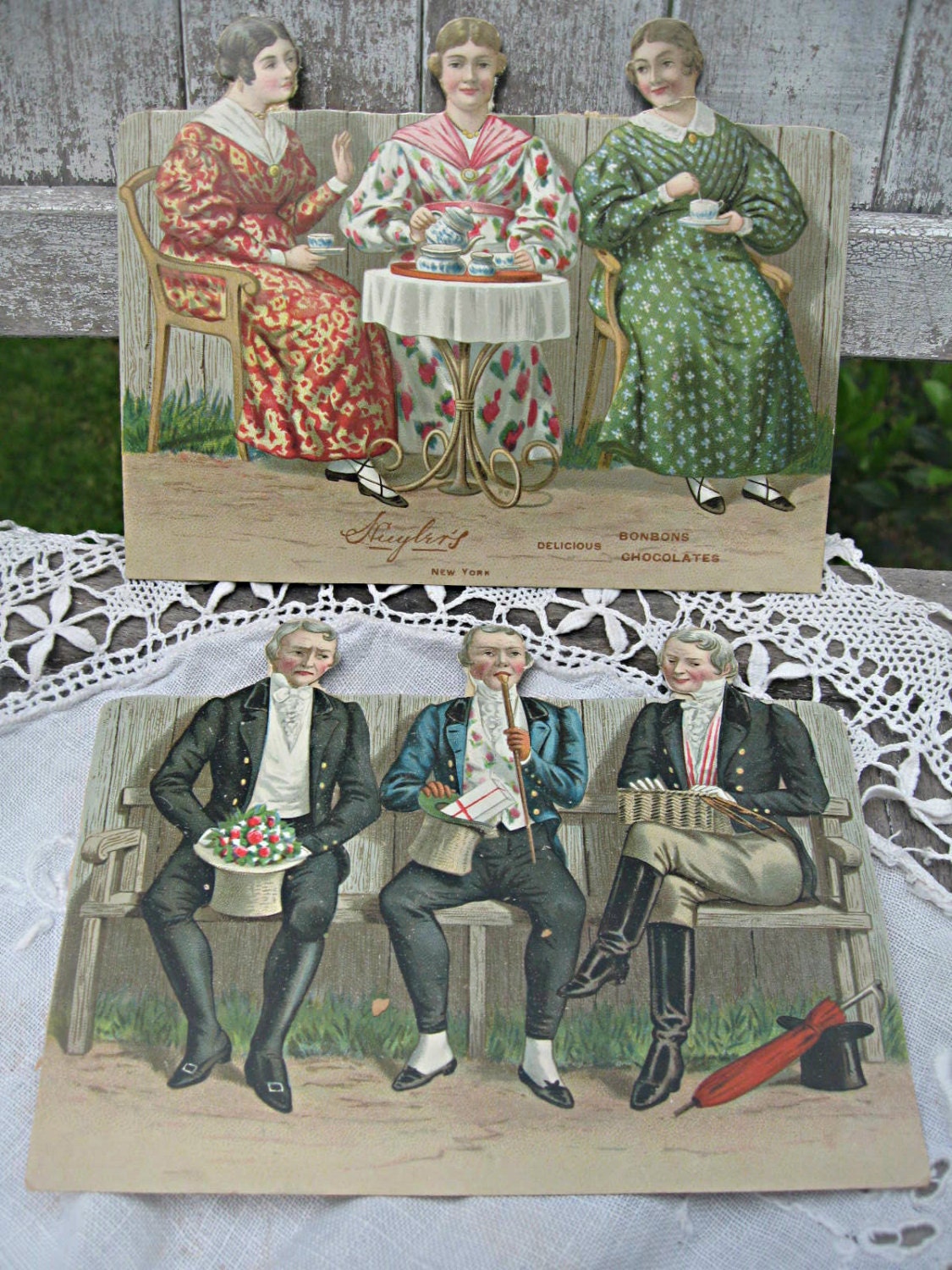 Antique advertising cards, set of two, Bonbons chocolates, wonderful and unique