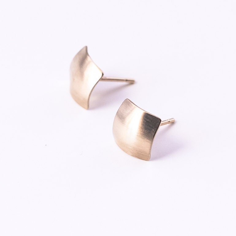 Solid 14K yellow gold studs, small but striking design of a modern square shape comfortable to wear - "Petite Gold Squares Earrings"