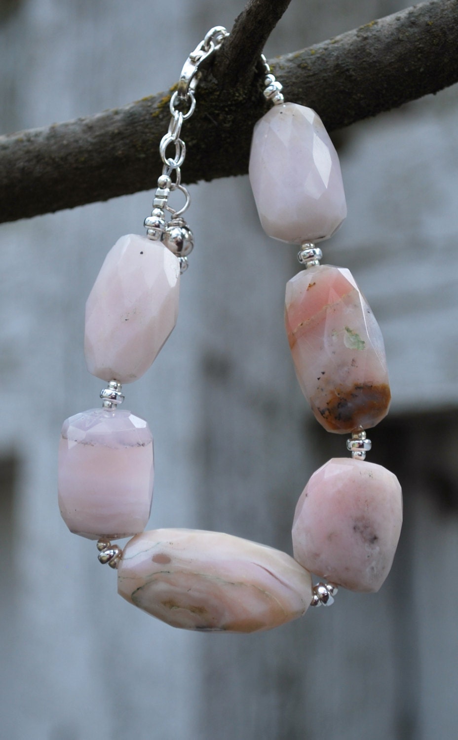 Chunky Pink Opal Gemstone Bracelet with Sterling SIlver - Adjustable, October Birthstone