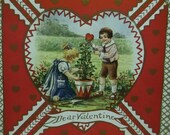 2 Cute Kids in the Flower Garden - Die Cut Valentine - 1934