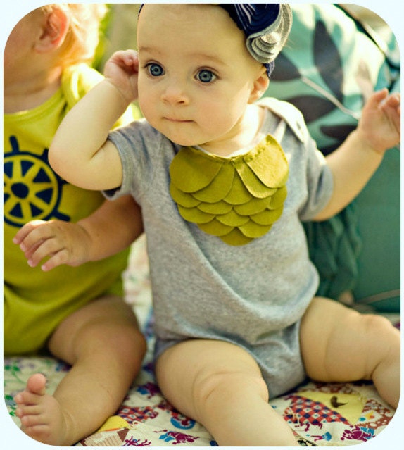 Baby Girl Bodysuit, Olive Green Layers On Heather Grey, Mermaid Style, 6 12 18 Month, Custom Size, Neutral