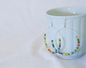 Large Colorful Silver Beaded Hoop Dangle Earrings - Lightweight