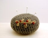 Green Crocheted Pincushion, Wool, Flower and Leaf Embroidery